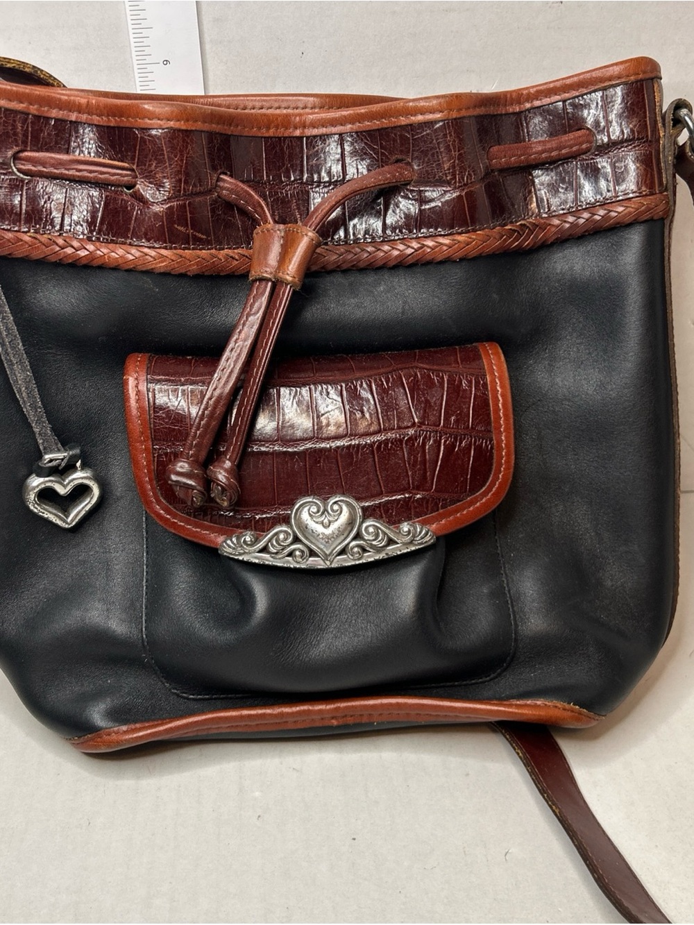 Brighton Black and Brown Leather Shoulder Bag with Heart Accent